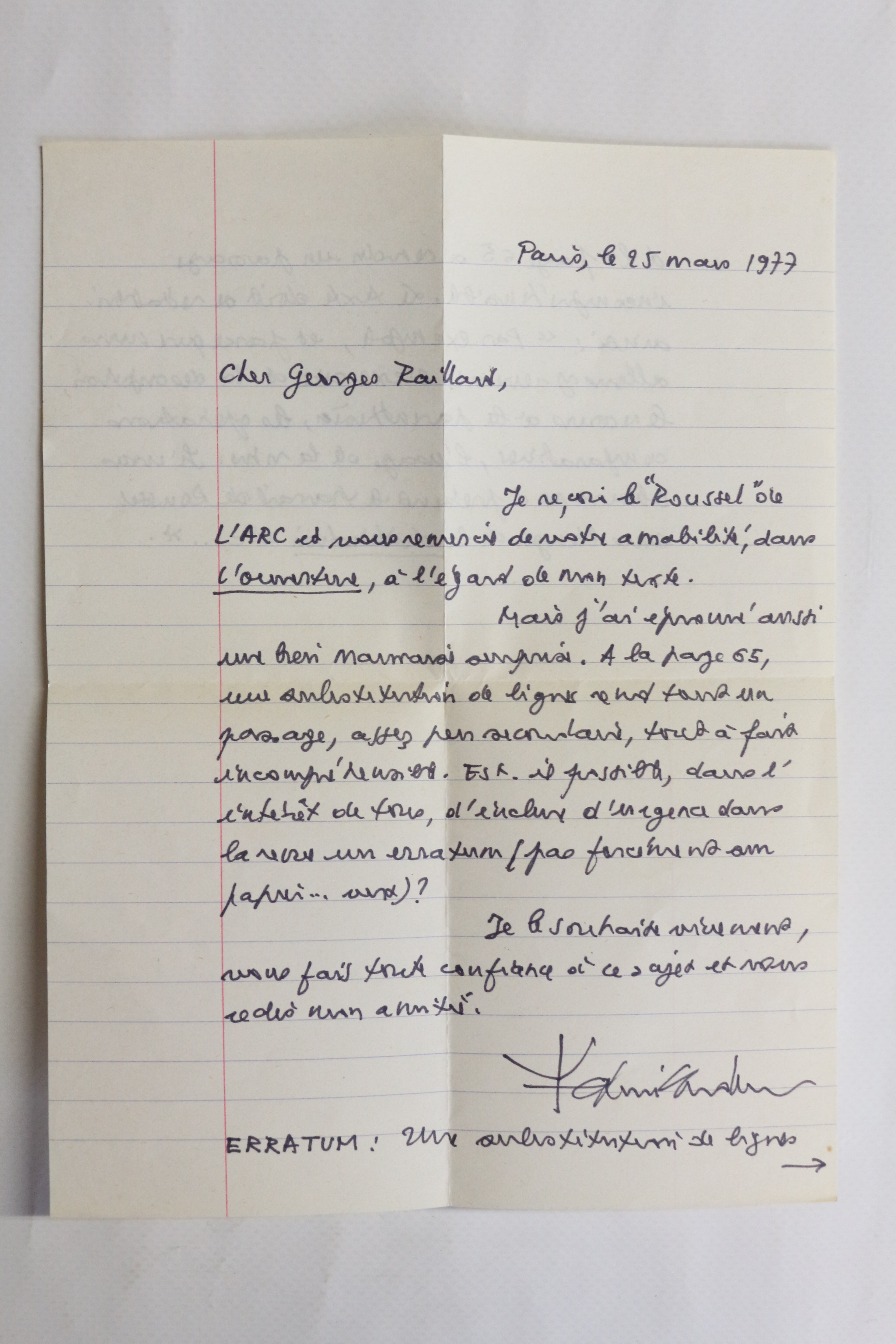 Lettre autographe signée à Georges Raillard à propos d'une erreur …
