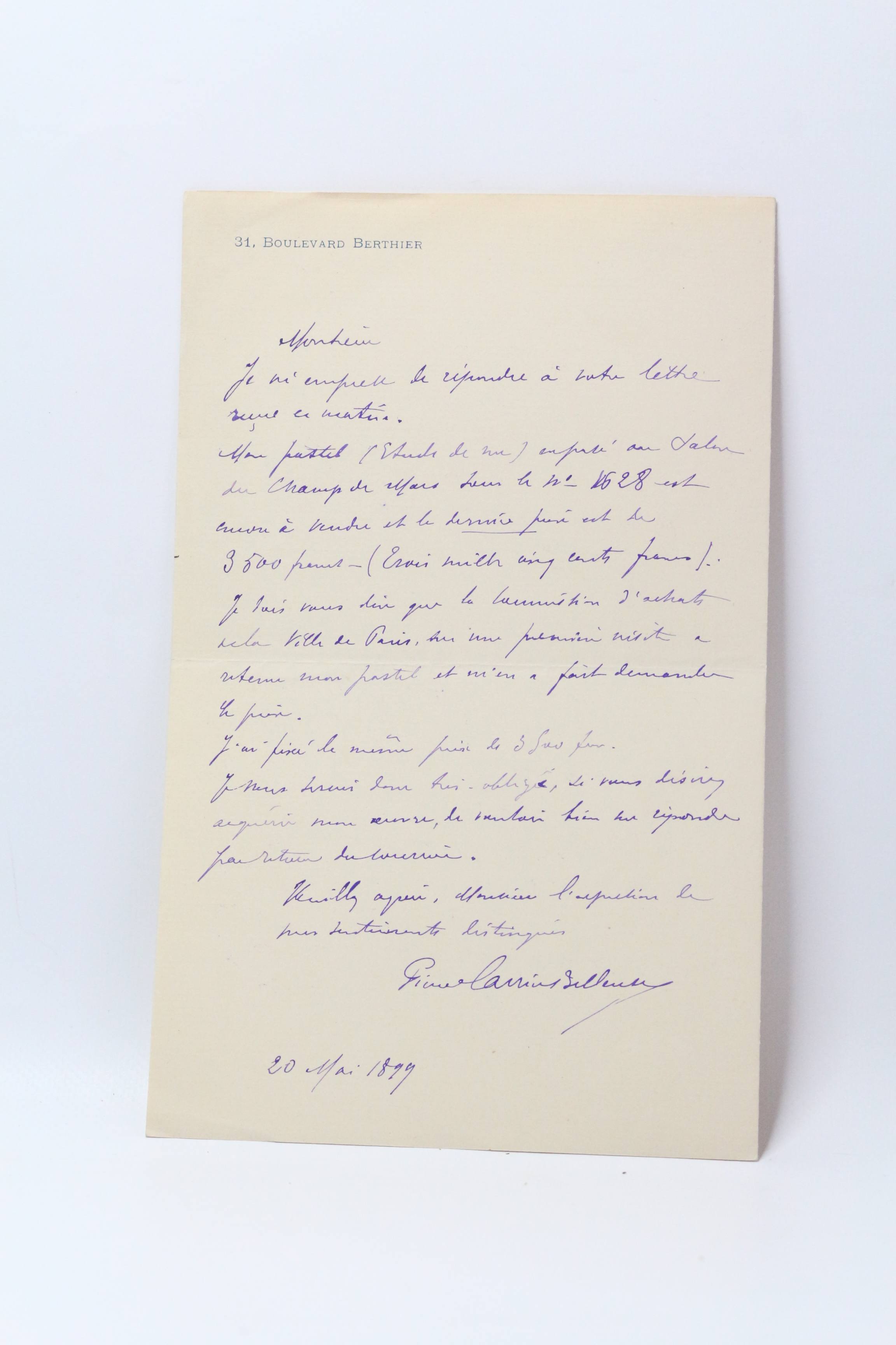 Lettre autographe signée à propos d'un pastel intitulé Etude de …