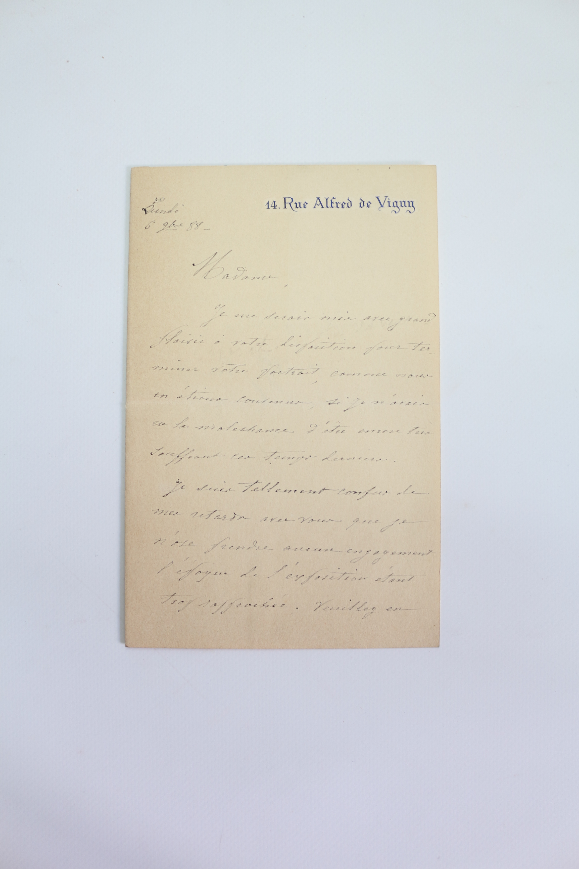 Lettre autographe signée à propos d'un portrait