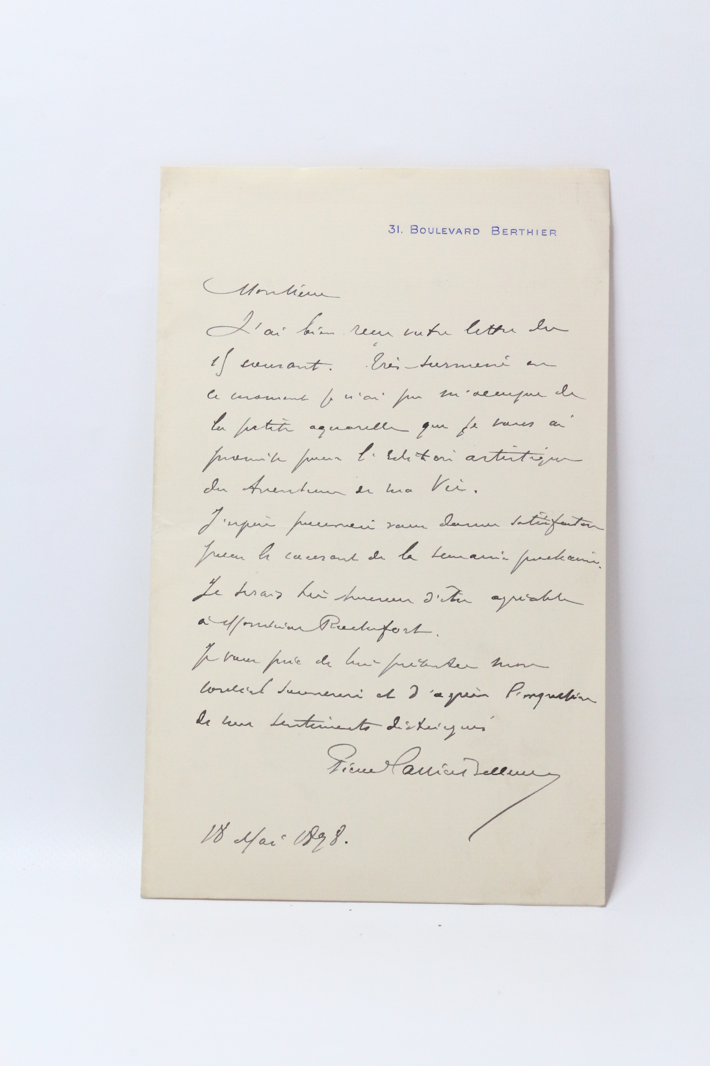 Lettre autographe signée à propos d'une aquarelle