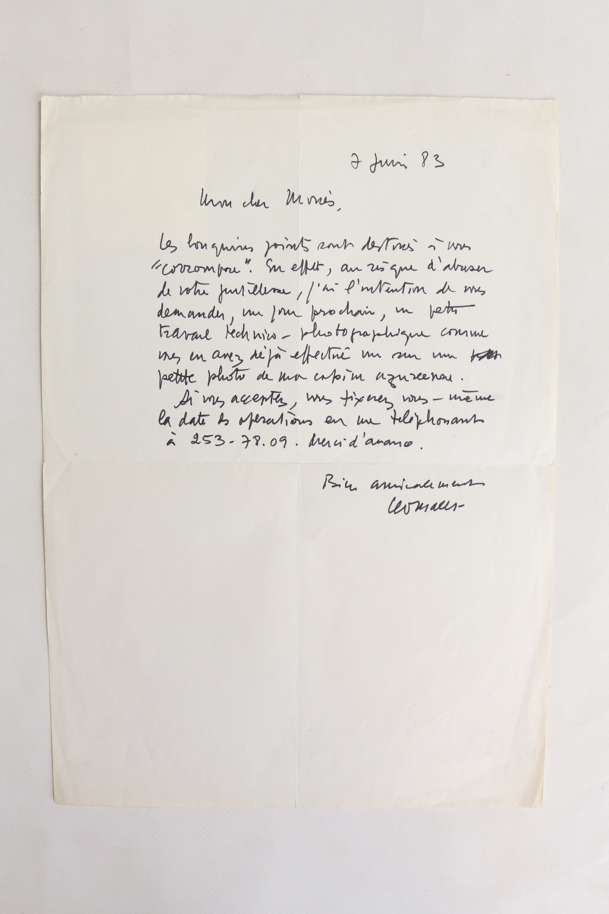 Lettre autographe signée à son photographe et ami Bruno de …