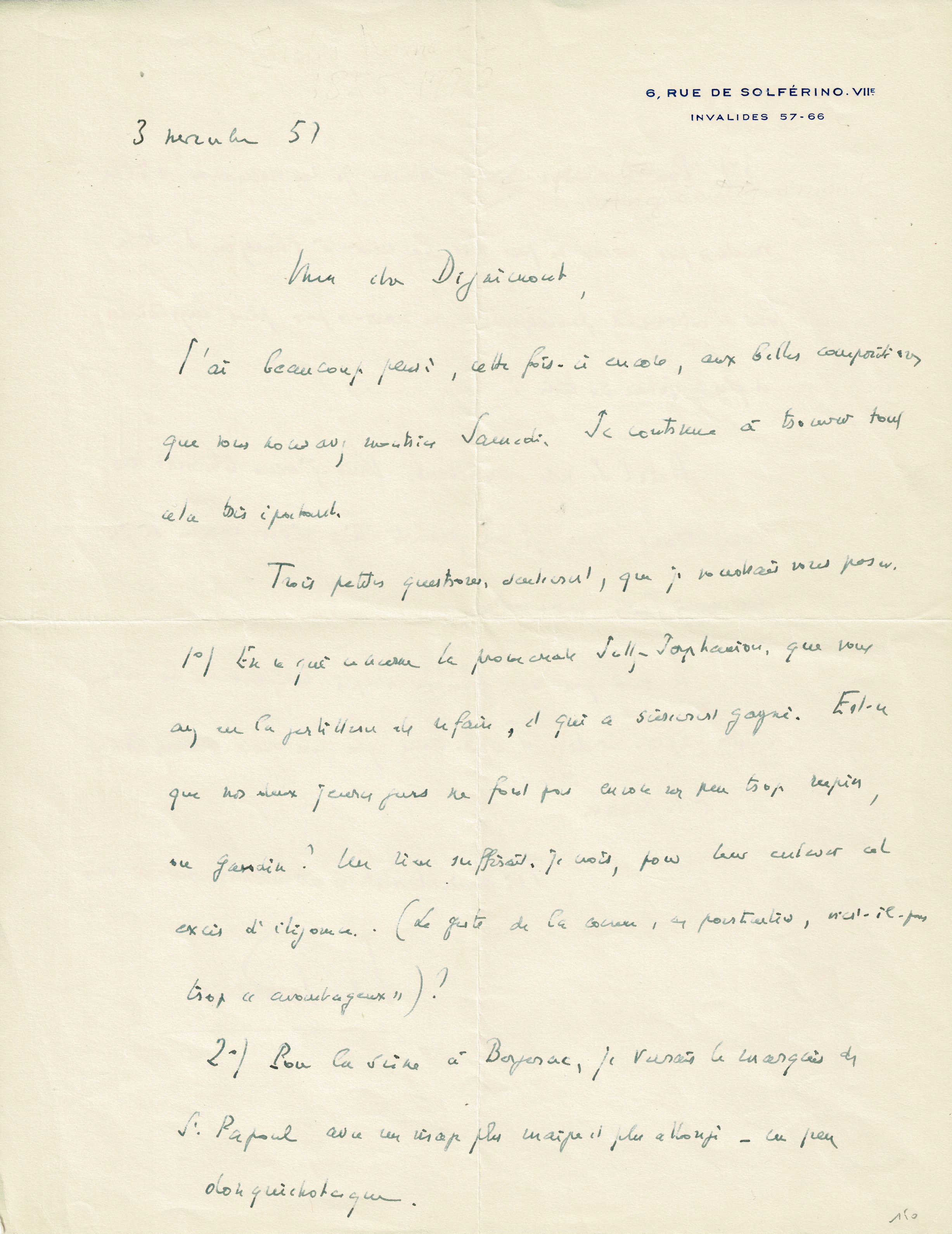 Lettre autographe signée adressée à André Dignimont