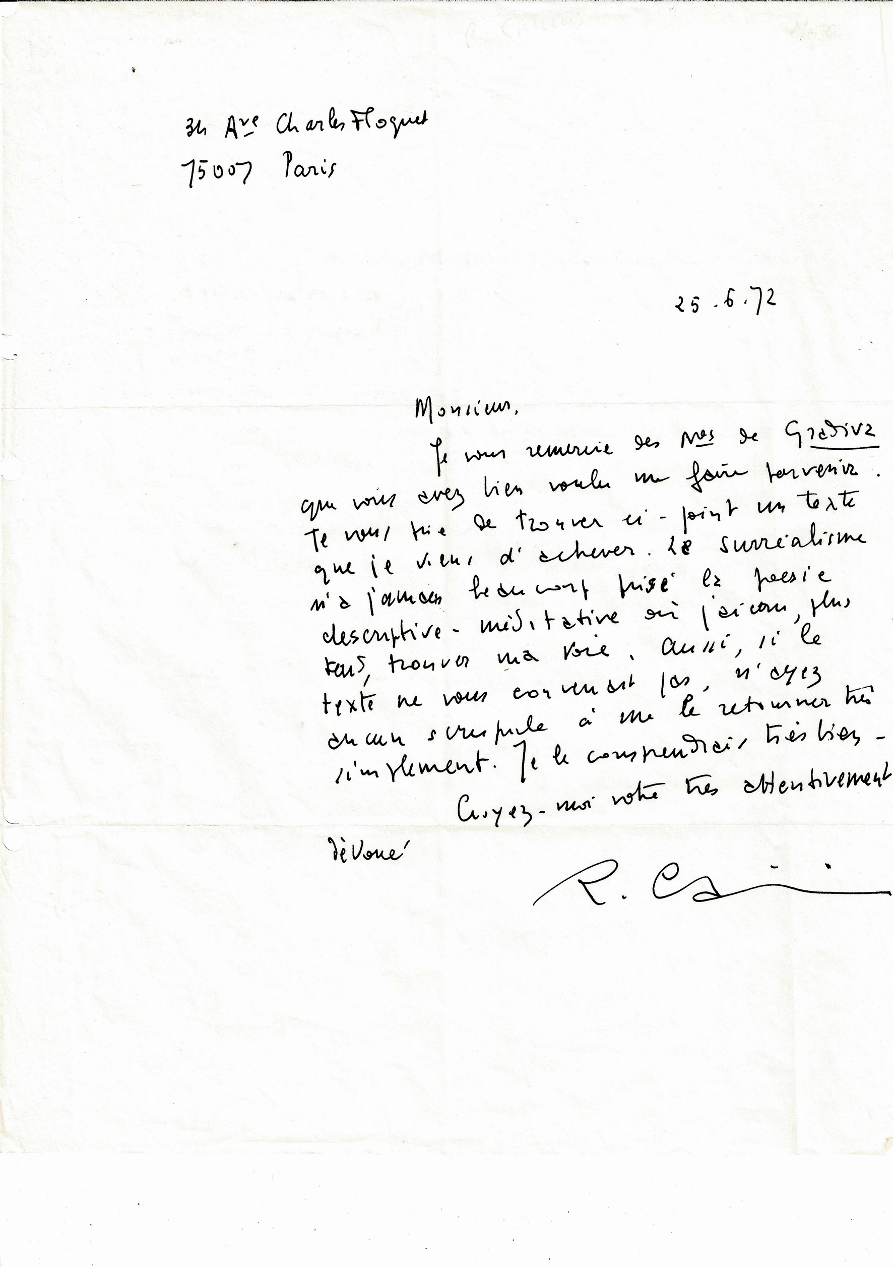 Lettre autographe signée adressée à Arnost Budik