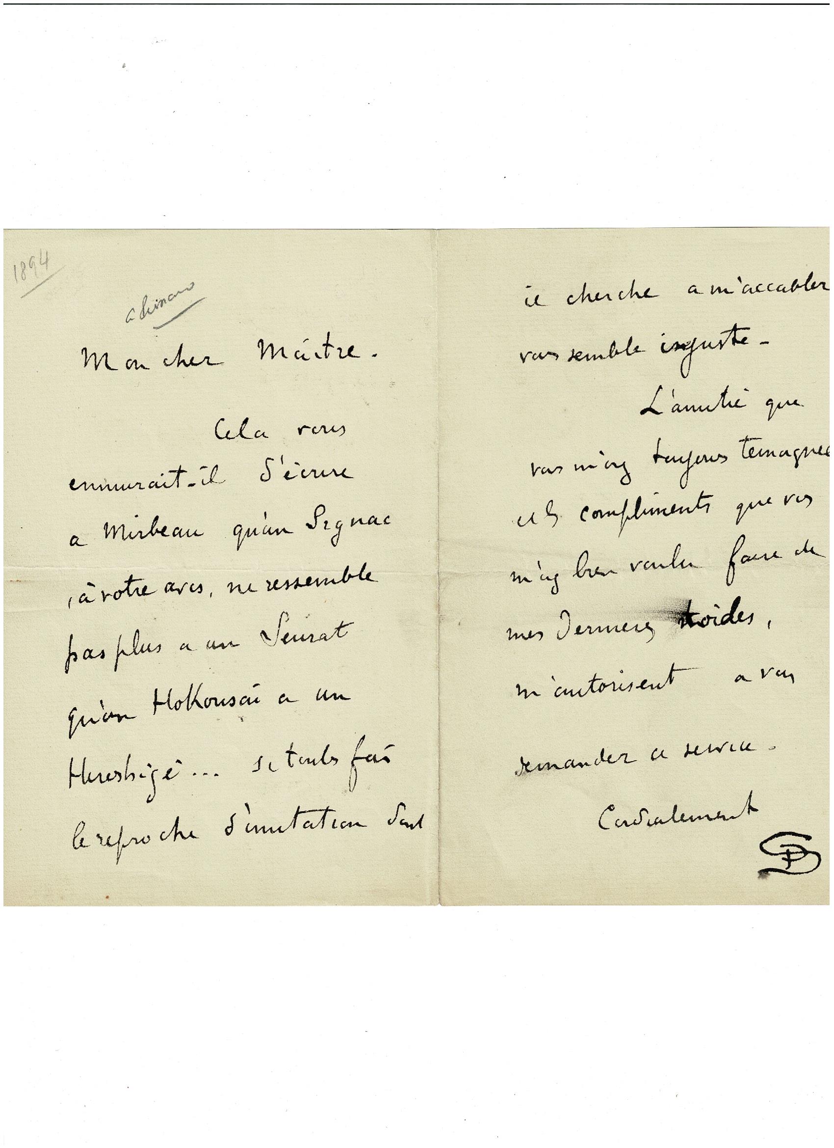 Lettre autographe signée adressée à Camille Pissarro : "Cela vous …