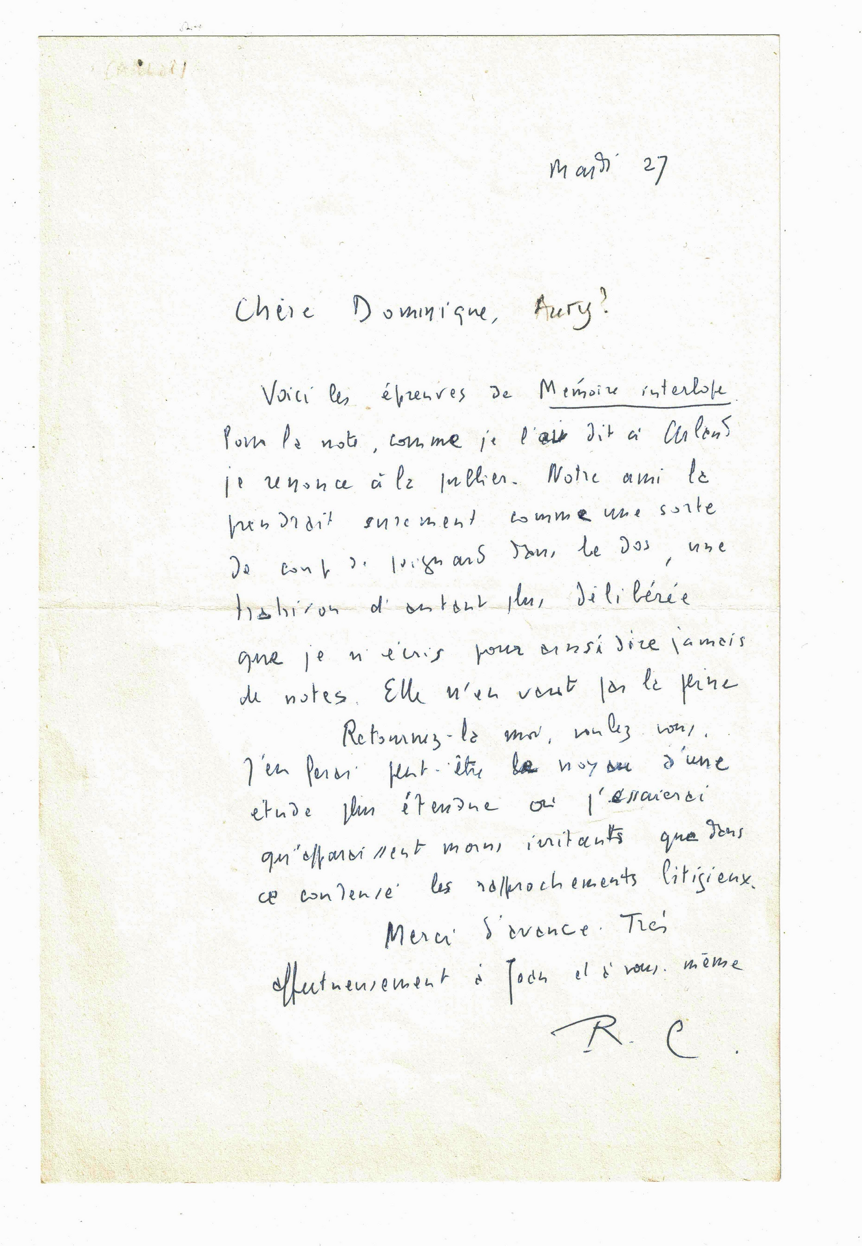 Lettre autographe signée adressée à Dominique Aury