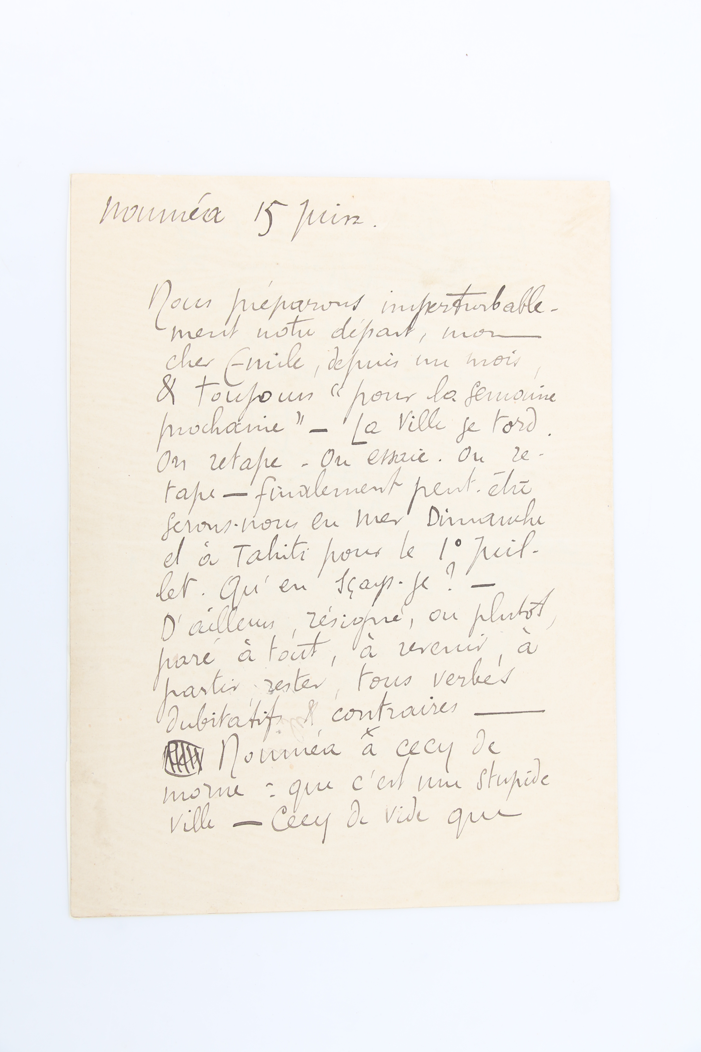 Lettre autographe signée adressée à Emile Mignard : "Nouméa a …