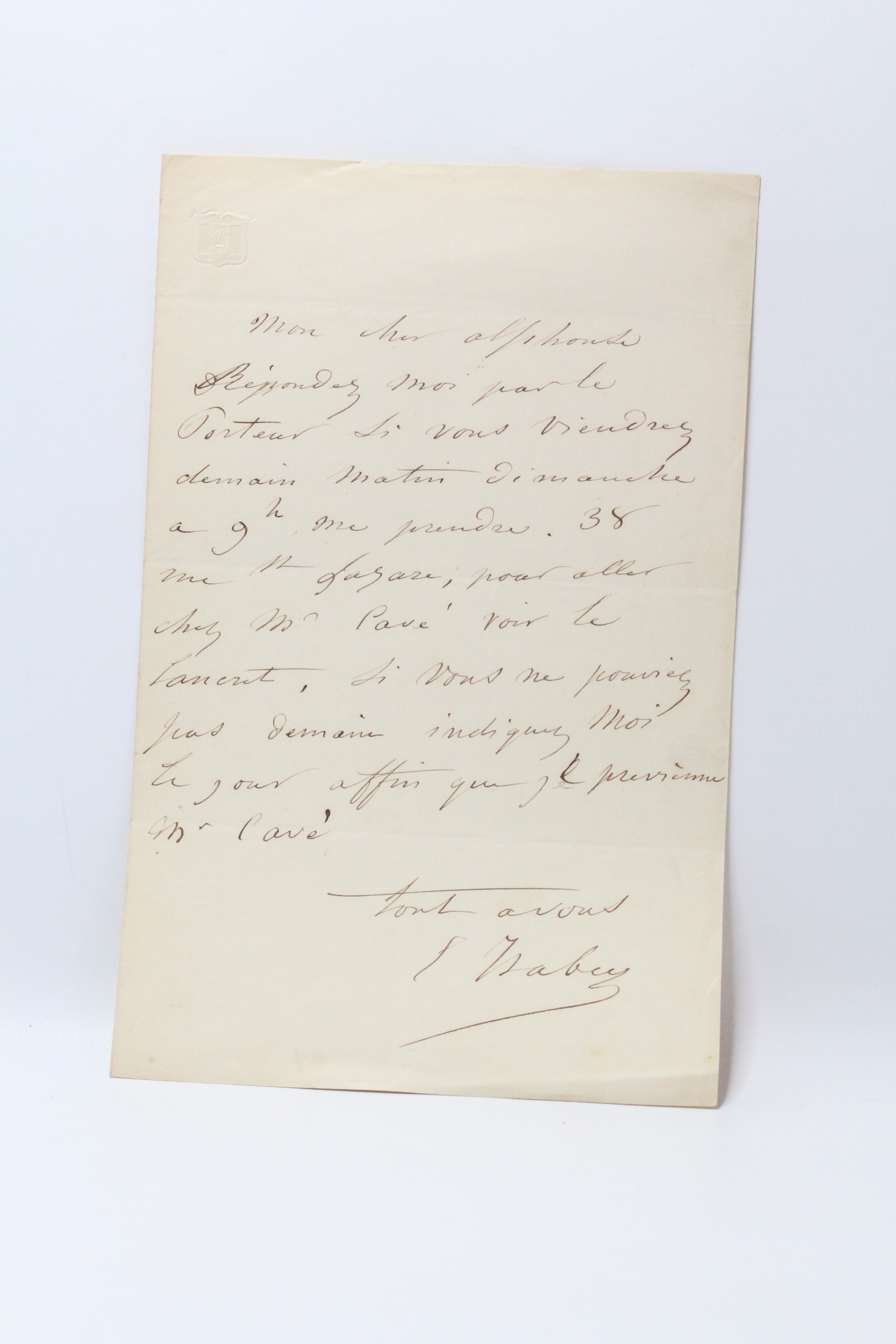 Lettre autographe signée au collectionneur Alphonse Mennechet de Barival