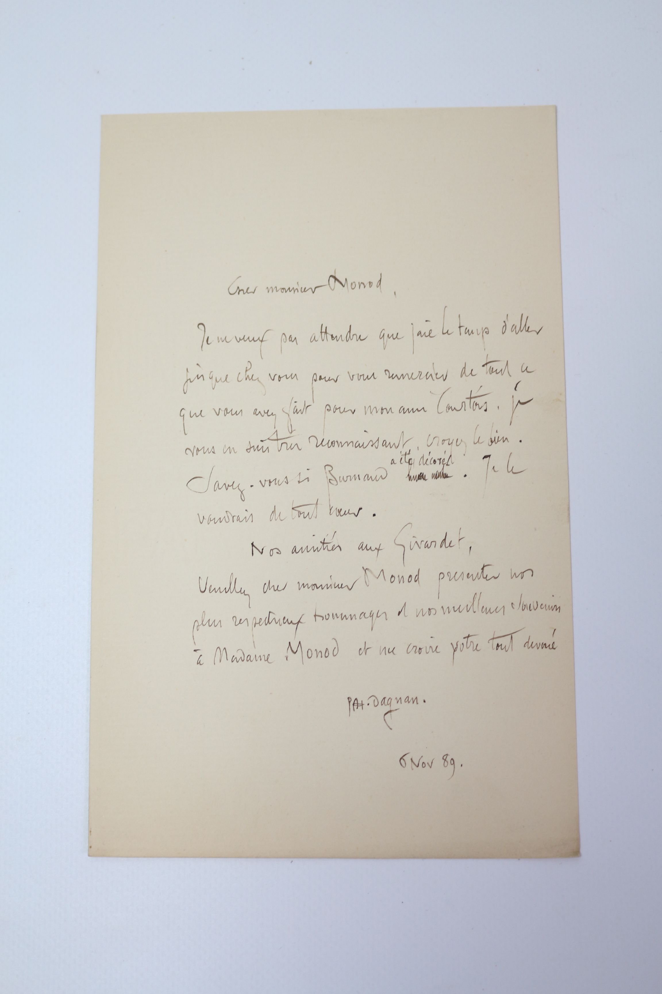 Lettre autographe signée au peintre Lucien Hector Monod pour tout …