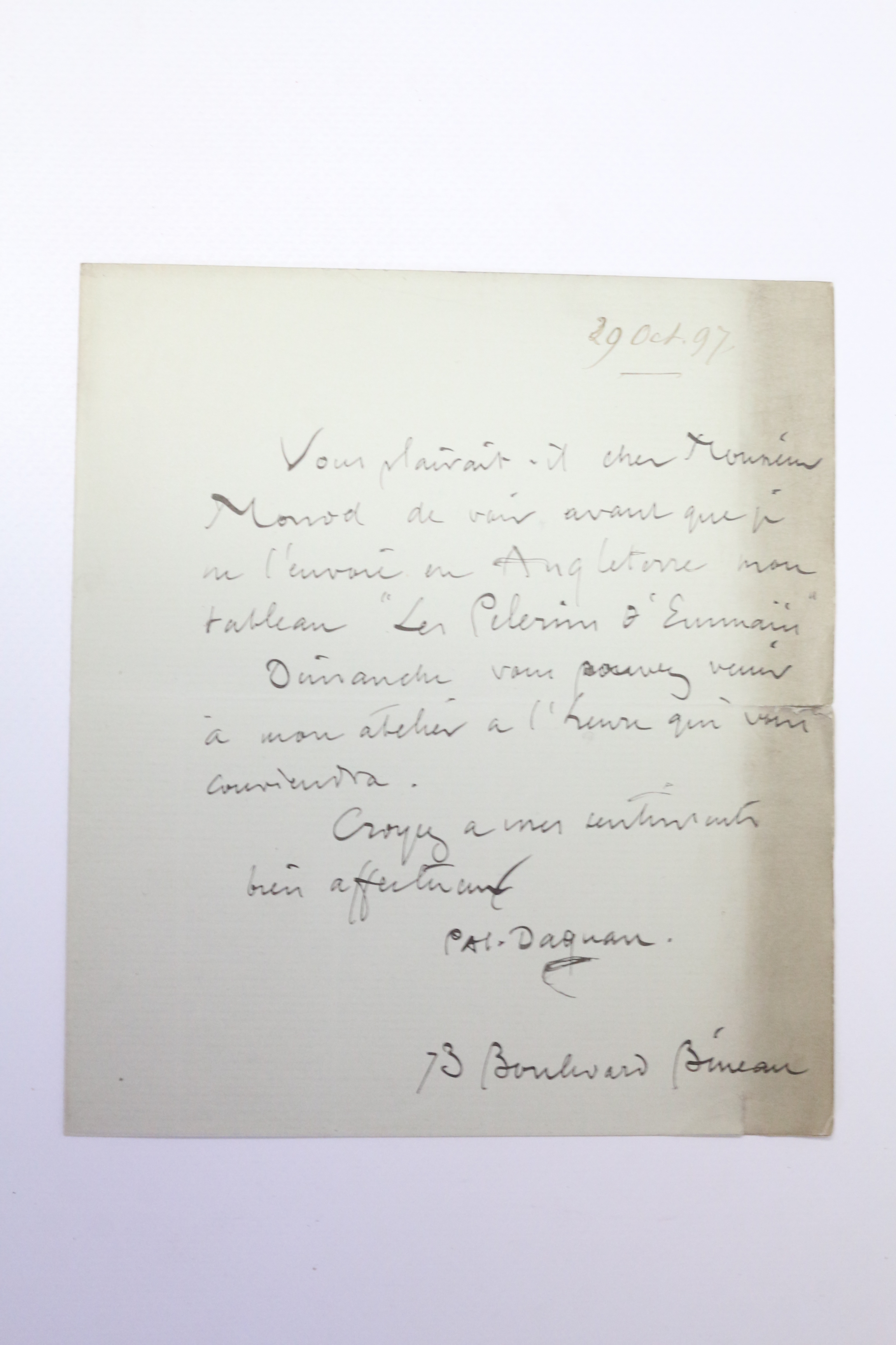 Lettre autographe signée au peintre Lucien Hector Monod vous plairait-il …