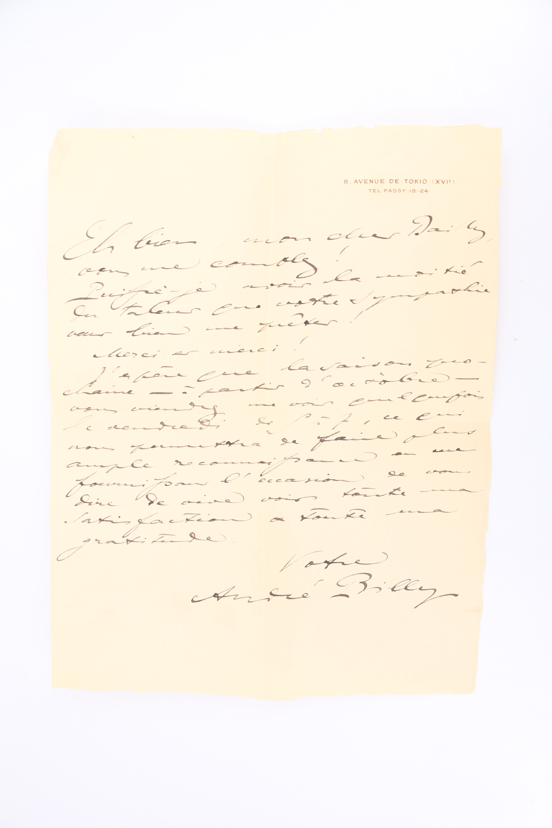 Lettre autographe signée d'André Billy