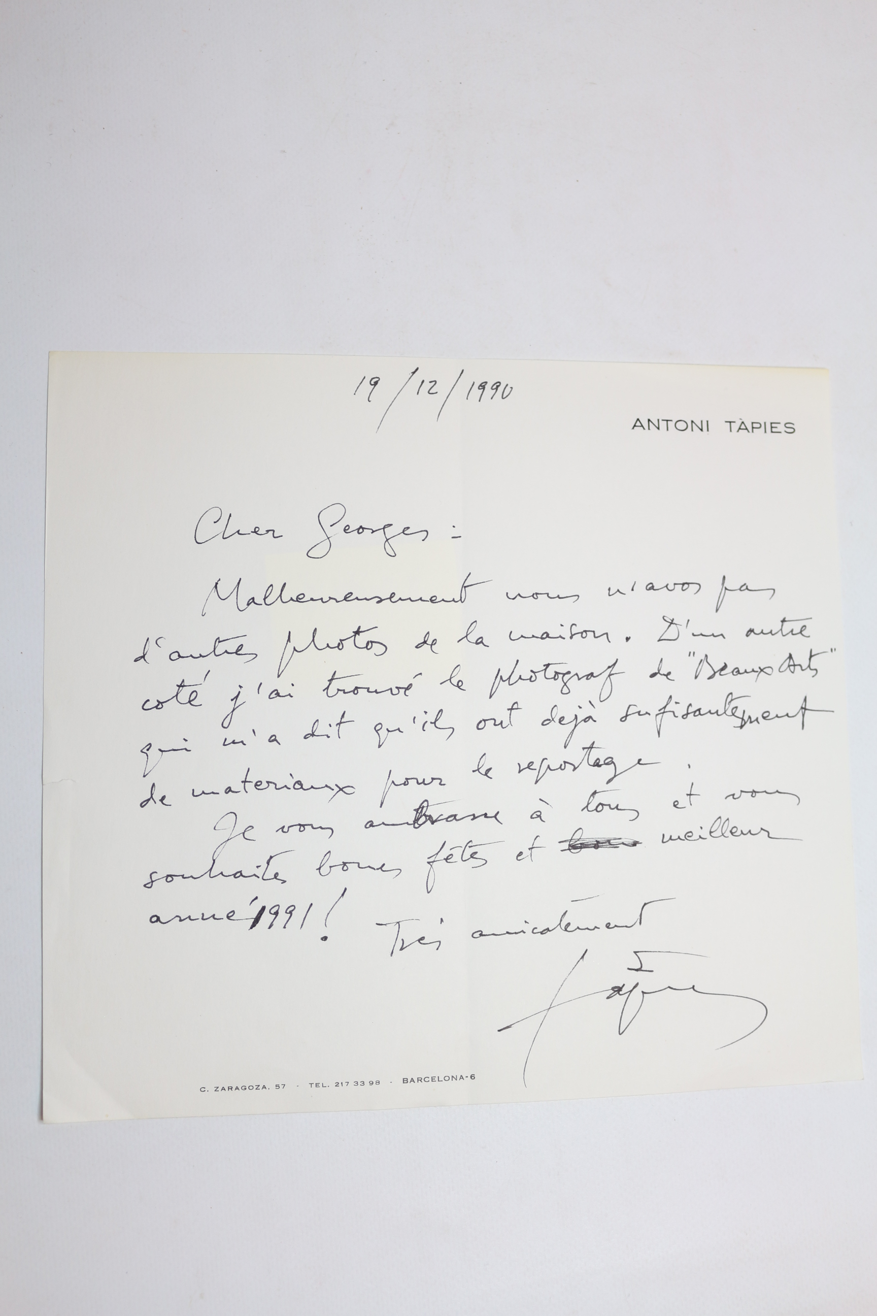 Lettre autographe signée d'Antoni Tàpies à Georges Raillard : "j'ai …