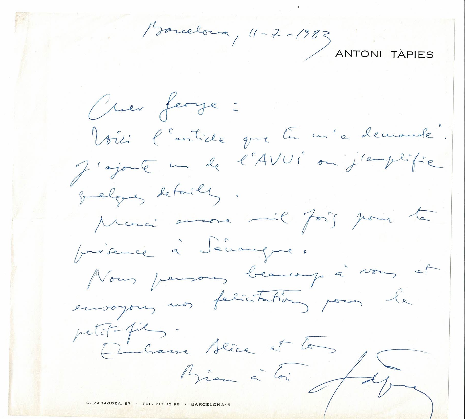 Lettre autographe signée d'Antoni Tàpies à Georges Raillard : "Voici …