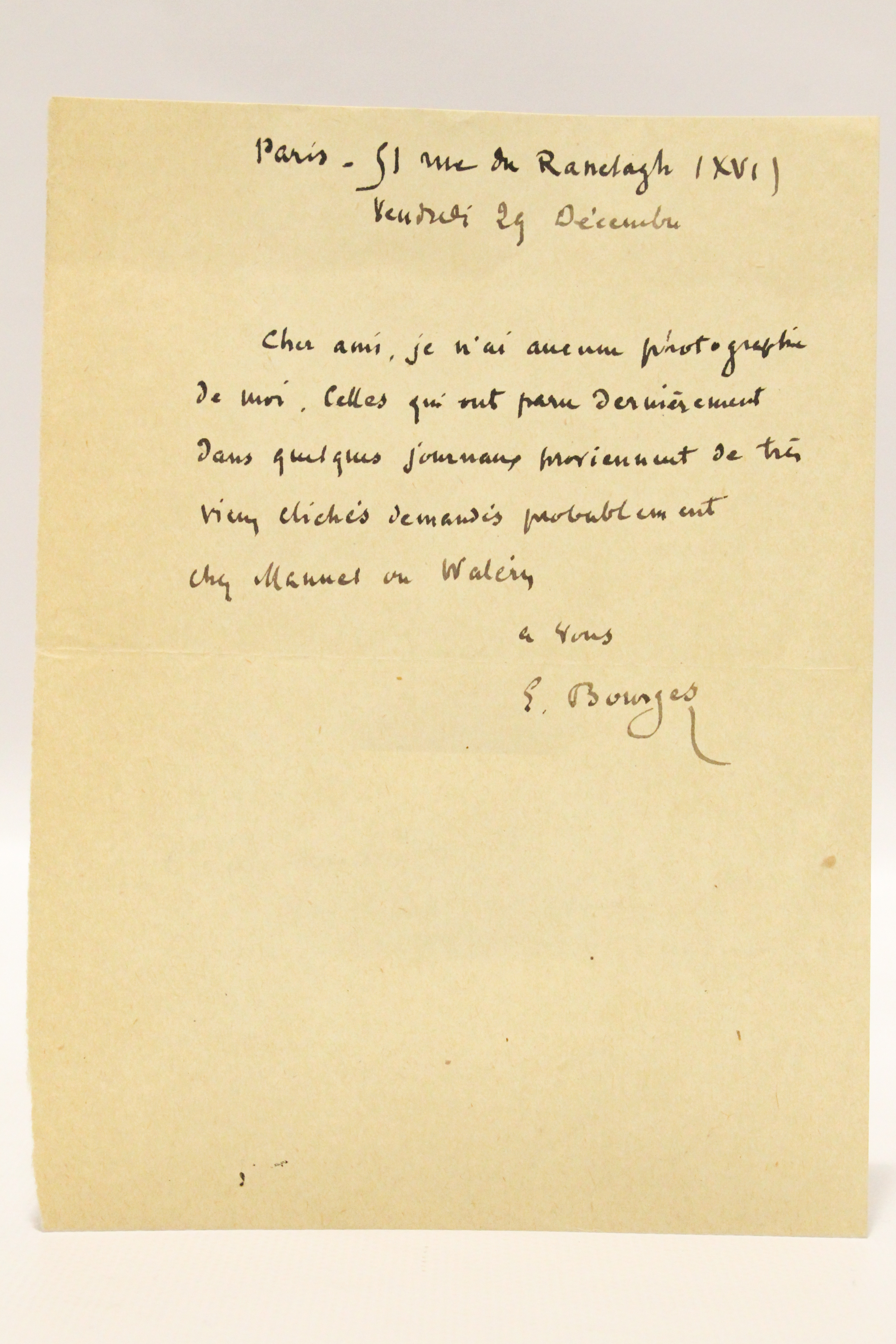 Lettre autographe signée d'Elémir Bourges