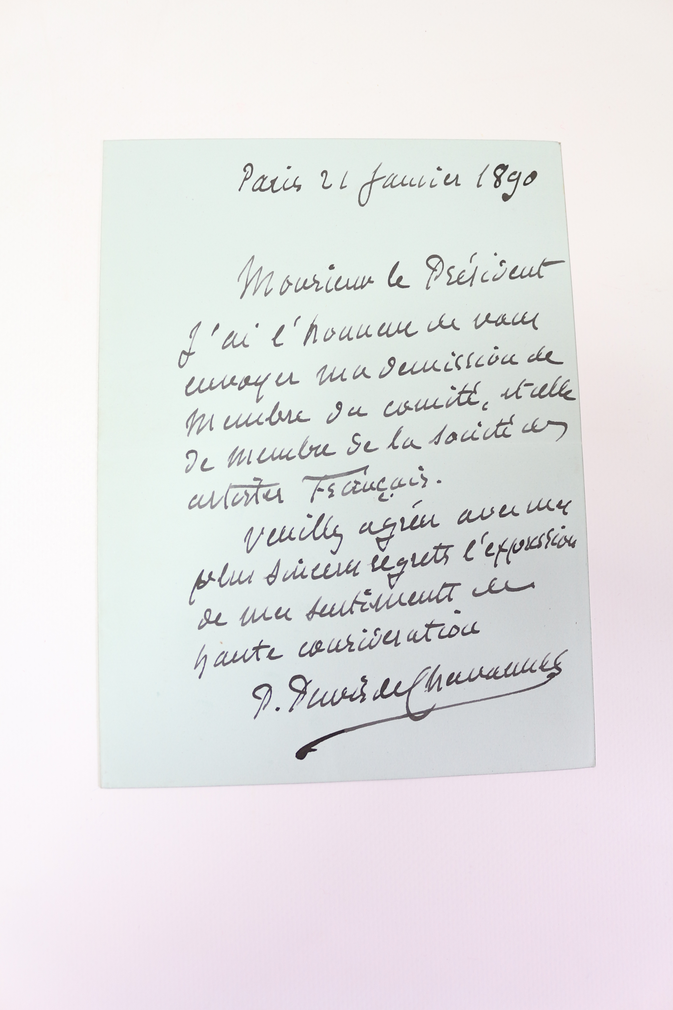Lettre autographe signée de démission de la Société des artistes …