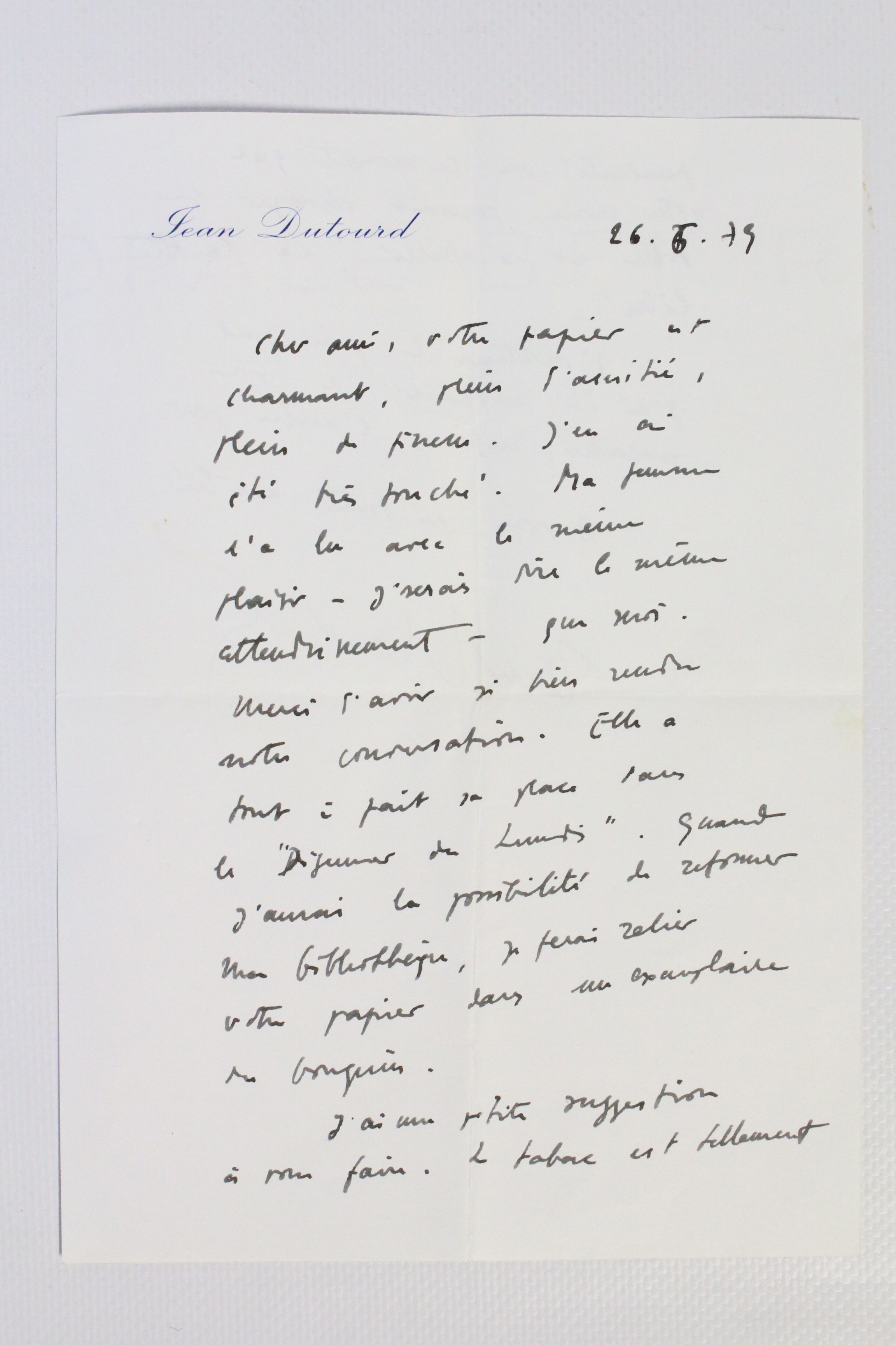 Lettre autographe signée de Jean Dutourd à Jean Rimeize