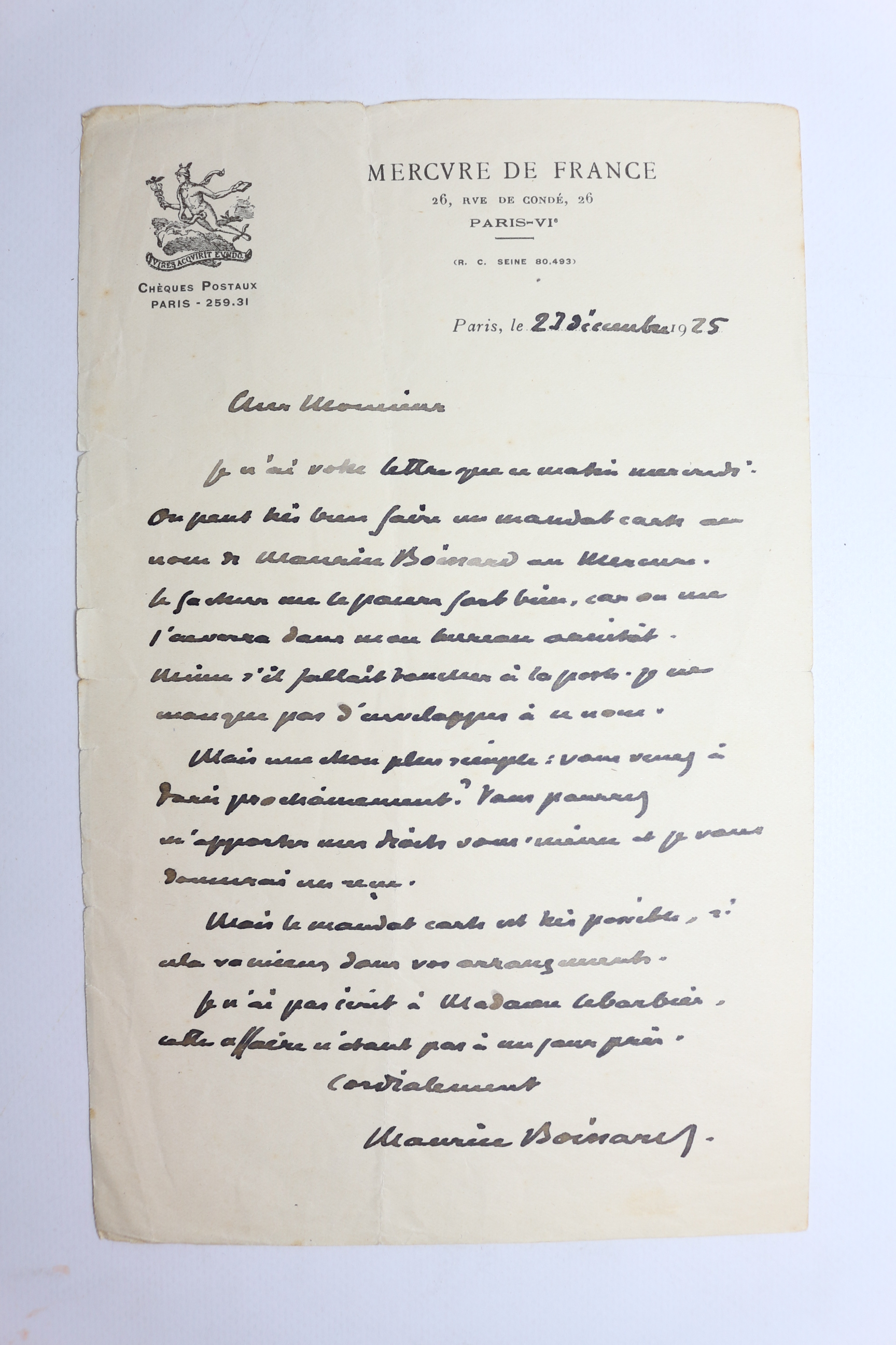 Lettre autographe signée Maurice Boissard, pseudonyme de Paul Léautaud, adressée …
