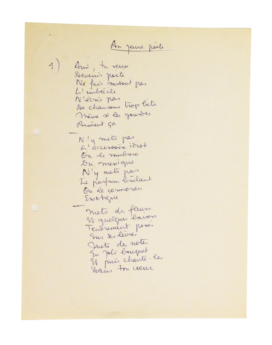 Manuscrit autographe complet de la chanson de Boris Vian intitulée …