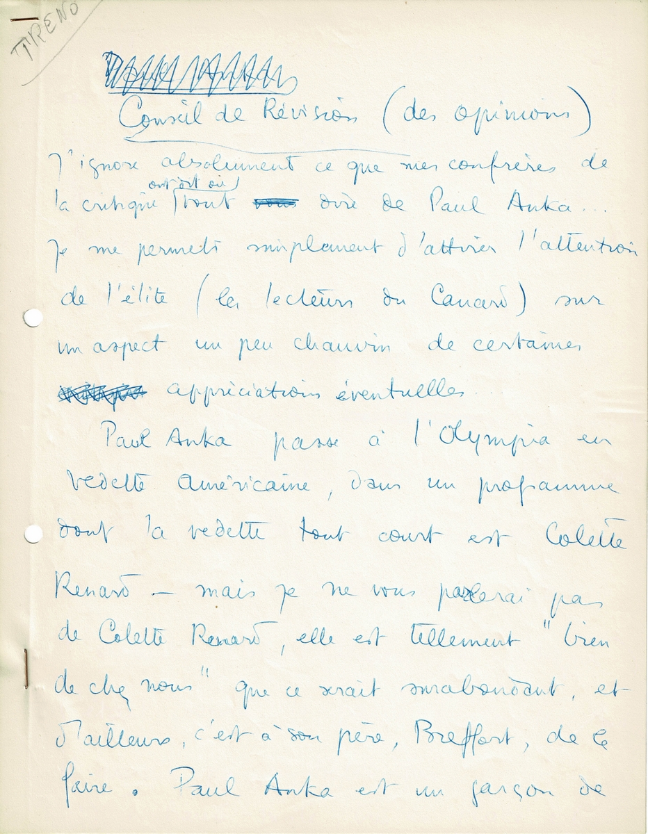 Manuscrit autographe de Boris Vian intitulé "Conseil de révision (des …