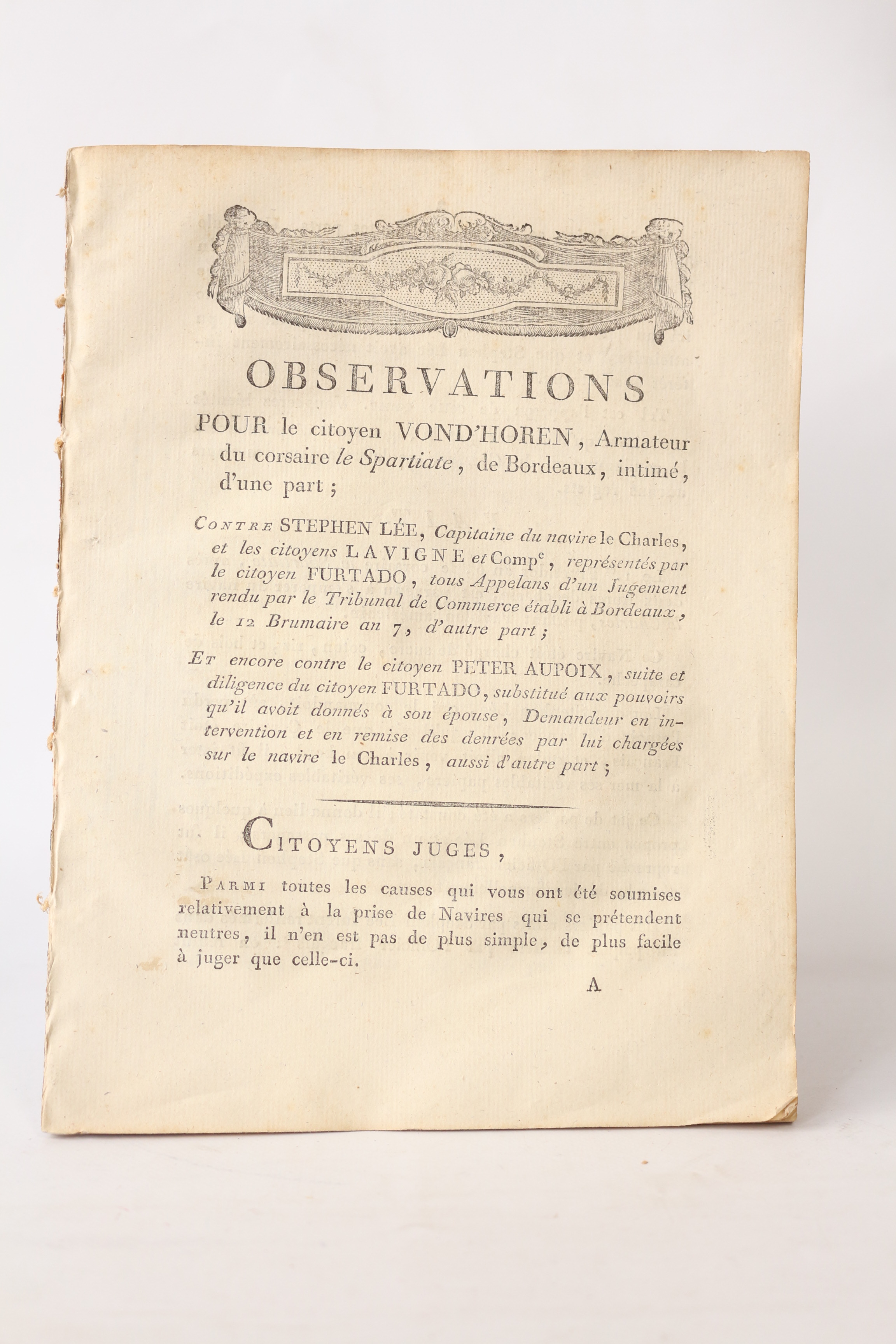 Observations pour le citoyen Vond'horen, armateur du corsaire Le Spartiate, …