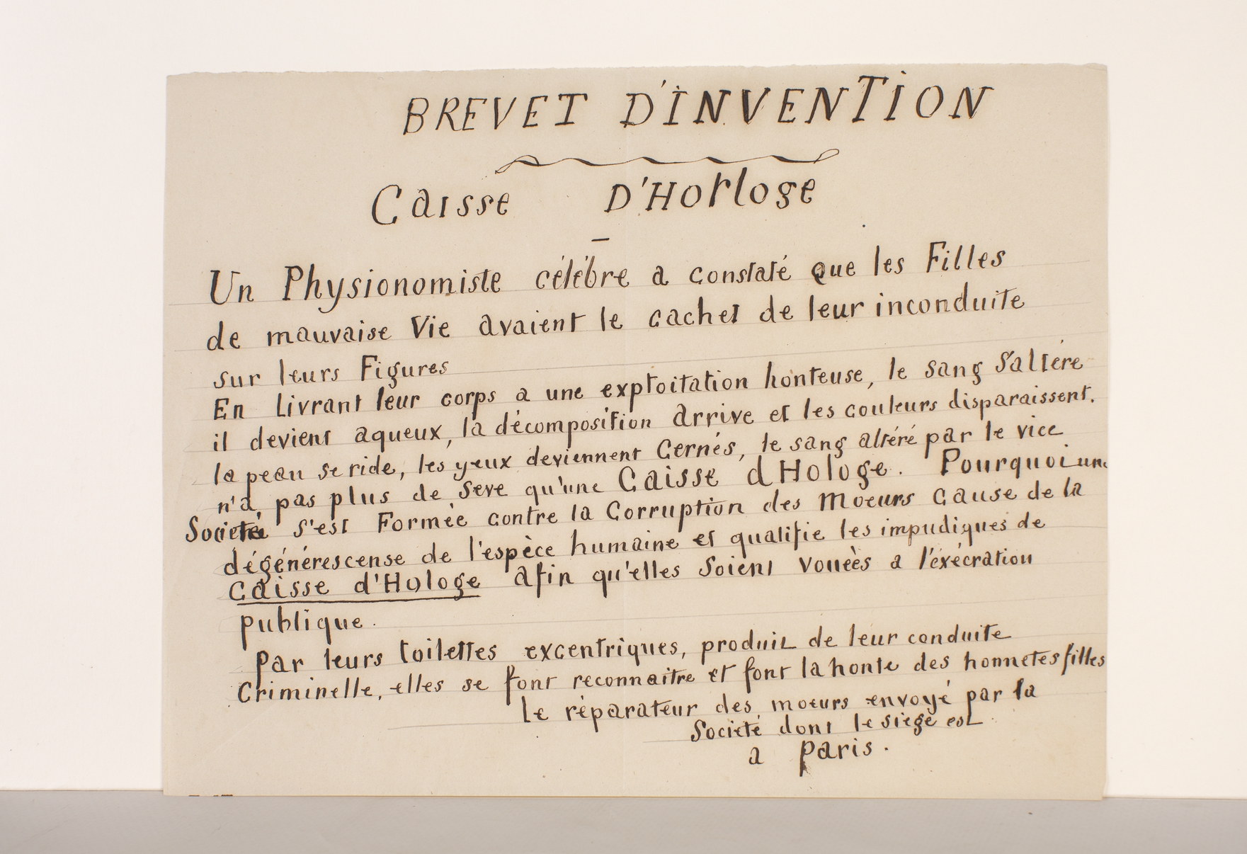 (Prostitution) Brevet d'invention - Caisse d'Horloge