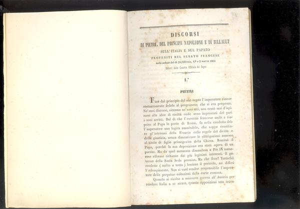 DISCORSI DI PIETRI, DEL PRINCIPE NAPOLEONE E DI BILLAULT SULL'ITALIA …