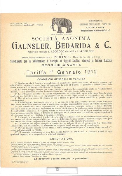 CATALOGO DELLA SOCIETA' ANONIMA GAENSLER, BEDARIDA & C.