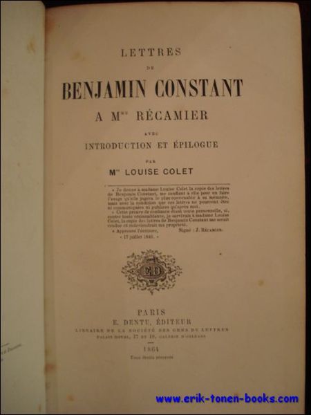 LETTRES DE BENJAMIN CONSTANT A MME RECAMIER,