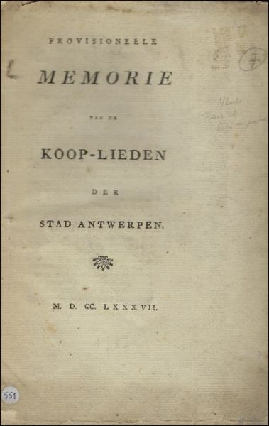 PROVISIONEELE MEMORIE VAN DE KOOP-LIEDEN DER STAD ANTWERPEN.