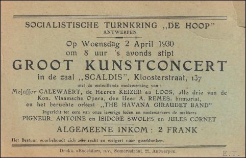 GROOT KUNSTCONCERT IN DE ZAAL SCALDIS, KLOOSTERSTRAAT 137,