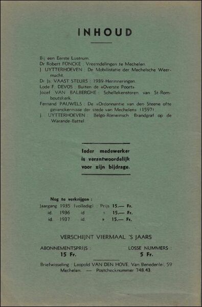 Mechelsche bijdragen. 6e Jaargang Nr 1 Bij een eerste lustrum …