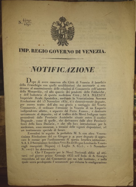 Notificazione N. 44092/2392. Regolamento per l'emporio delle merci nazionali da …