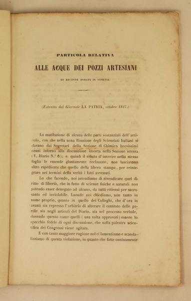 Particola relativa alle acque dei pozzi artesiani di recente forati …