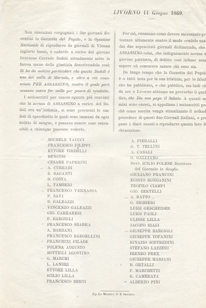 Volantino politico livornese in difesa del patriotta Corrado Dodoli, garibaldino, …