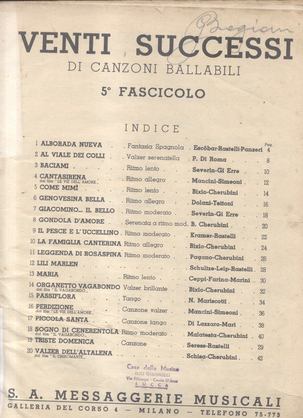 VENTI SUCCESSI DI CANZONI BALLABILI. Fascicolo n°5.