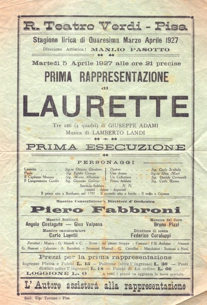 Locandina originale per la prima rappresentazione assoluta al Teatro Verdi …