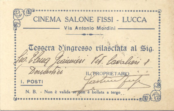 Tessera di libero ingresso al "Cinema Salone Fissi" di Lucca …