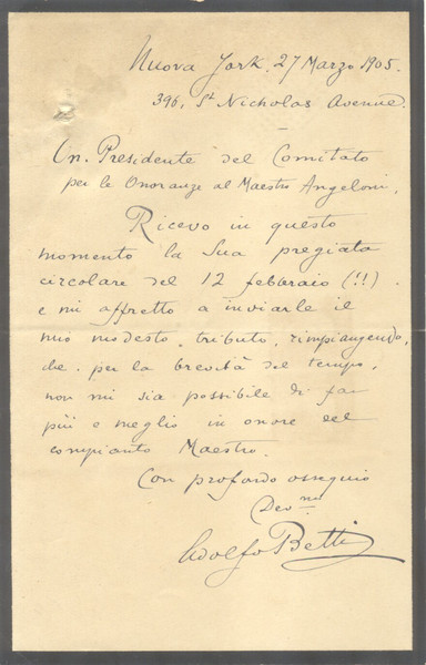 Lettera autografa firmata del musicista e compositore Adolfo Betti inviata …