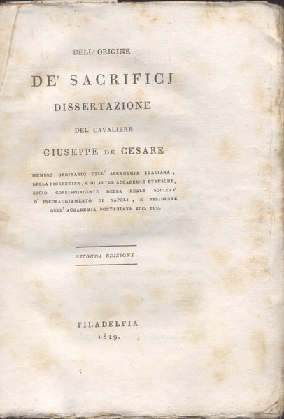 DELL'ORIGINE DE' SACRIFICI. Dissertazione.