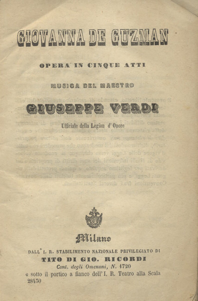 GIOVANNA DE GUZMAN ("I Vespri Siciliani") (1855). Dramma in cinque …