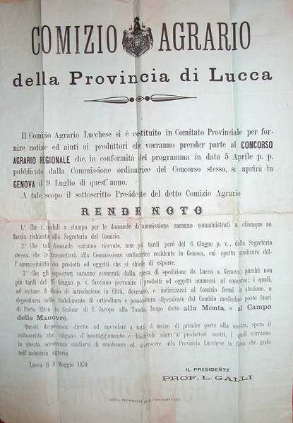 COMIZIO AGRARIO DELLA PROVINCIA DI LUCCA. Comunicato ufficiale a stampa, …