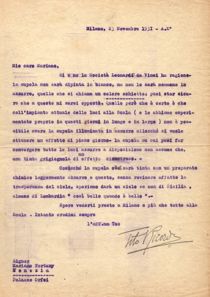 Lettera dattiloscritta con firma autografa inviata da Milano dall'editore Tito …