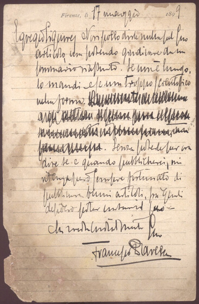 Cartolina postale autografa firmata inviata dal giornalista Francesco Paresce a …
