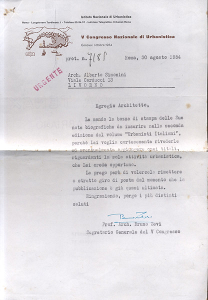 Lettera dattiloscritta a firma dell'architetto Bruno Zevi.