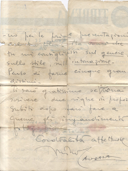 Lunga lettera autografa firmata del giornalista Mino Caudana.