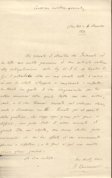 Lettera autografa del giurista Francesco Buonamici (Pisa, 1836-1921), datata 4 …