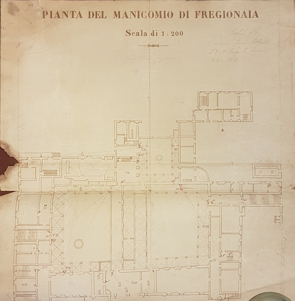 PIANTA DEL MANICOMIO DI FREGIONAJA. Carta a stampa. 1950 circa.