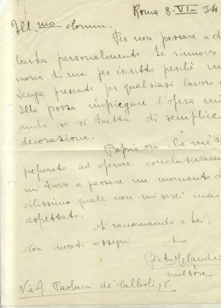 Lettera autografa firmata del ceramista Pietro Melandri (Faenza, 1885-1976).