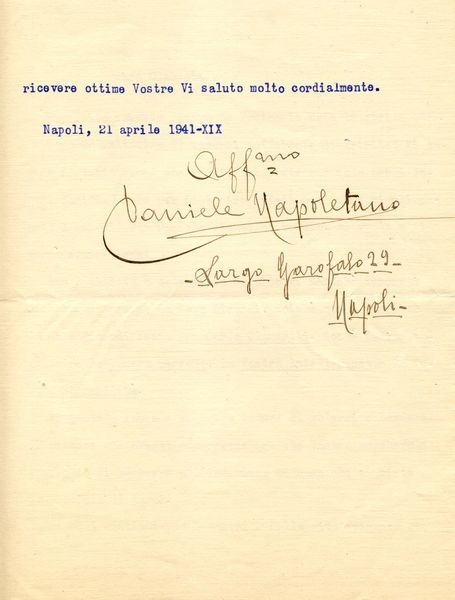 Lettera dattiloscritta a firma autografa del compositore Daniele Napoletano.
