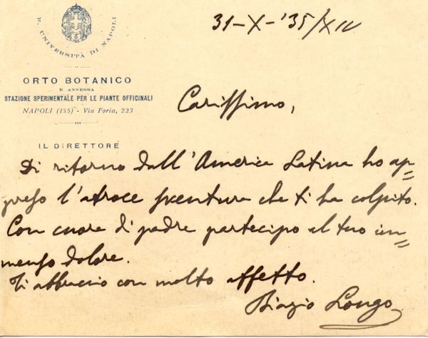 Biglietto autografo firmato del botanico Biagio Longo.