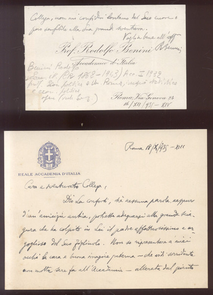 Due biglietti autografi firmati dell'economista Rodolfo Benini (Cremona, 1862-1943).